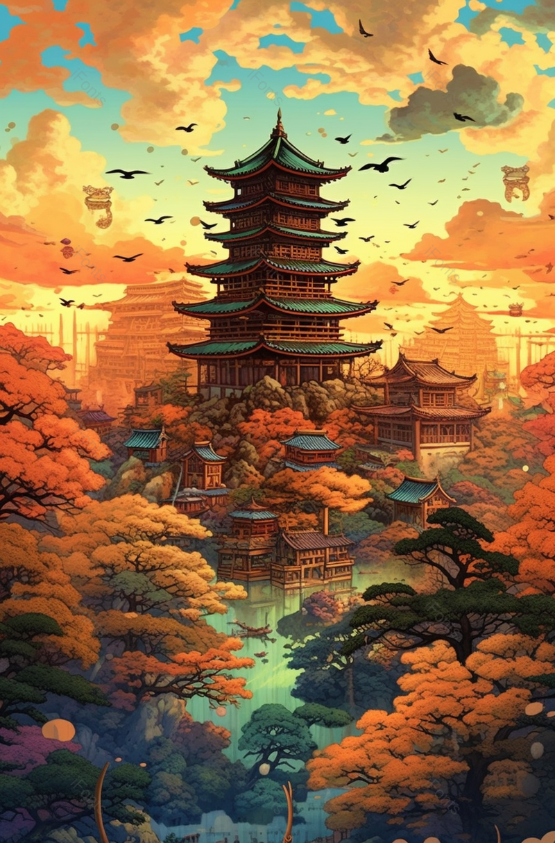 国潮风冬天的紫禁城故宫博物馆宫殿建筑插画远山仙鹤祥云天灯绽放,插画/手绘图,插画/手绘图库,插画/手绘图下载,插画/手绘